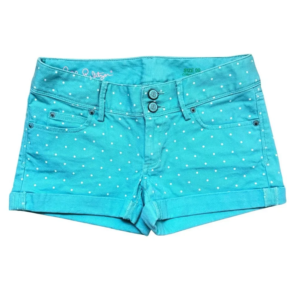 Lilly Pulitzer Clifton Shorts Sz 00 Aqua with White Polka Dots 2 Button Closure